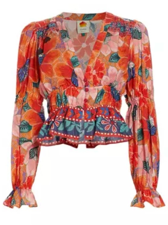FARM Rio Tops - FARM Rio Marias Floral Plunge Neck Peplum Long Sleeve Top Size Medium